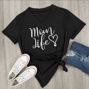 Mom Life Black V-Neck T-Shirt Medium Cute Casual Mother's Day Gift
